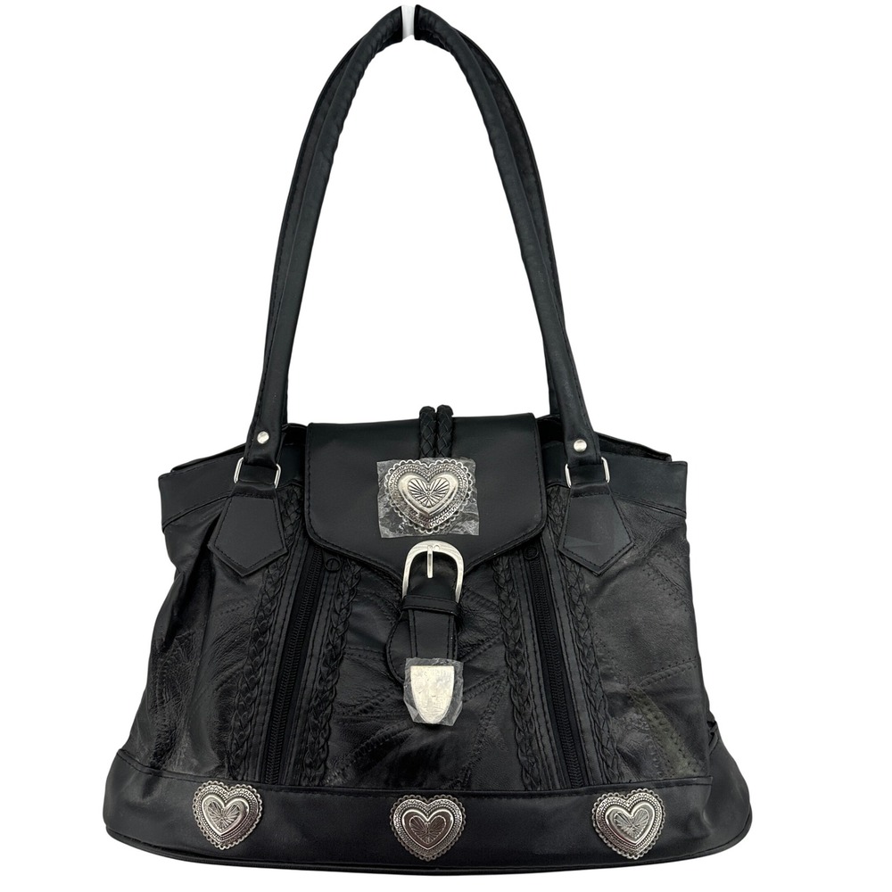 VTG 90s Black Patch Leather Western Heart Concho Shoulder Bag Braided Trim Purse